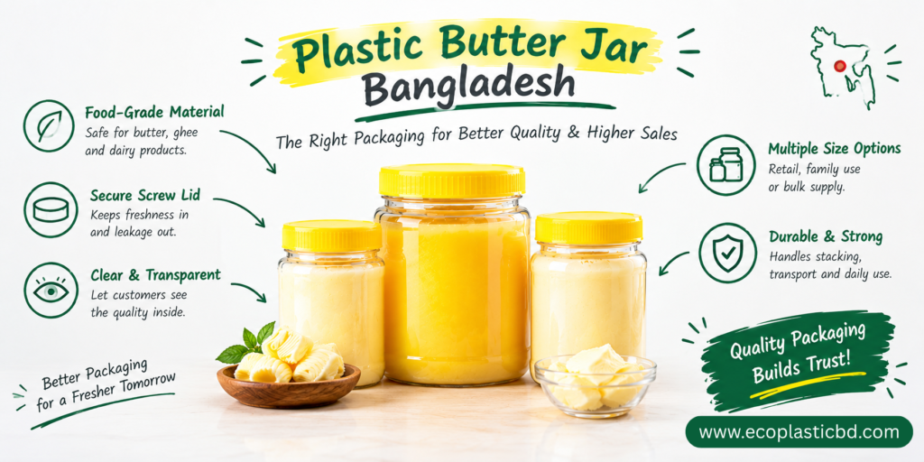 Plastic Butter Jar Bangladesh with food-grade material, secure screw lid and multiple sizes